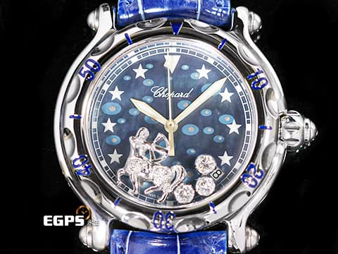 CHOPARD 蕭邦 Happy Sport Zodiac 快樂鑽 星座 射手座 288430-3004 藍色面盤 原廠射手座造型跑鑽 不鏽鋼 2024年保單 石英腕錶 38mm