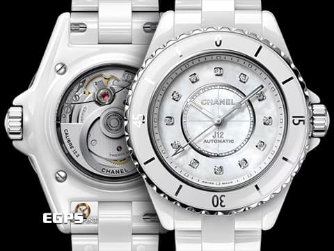 CHANEL 香奈兒 J12 H10472 白色高科技陶瓷材質 原廠鑽石時標 白色珍珠貝母面盤&nbsp; 貝殼鑽面 透背款2025年保卡&nbsp;專利不鏽鋼蝴蝶扣 自動上鍊 33mm