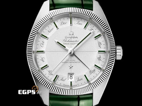 OMEGA 歐米茄 星座系列 Globemaster 130.93.41.22.99.002 13093412299002 950鉑金材質 年曆錶 綠色琺瑯18K白金天文台徽章錶背 噴砂950鉑金 Pie Pan Dial-多邊型立體面盤 限量發行52支 2022年保卡 未使用珍藏品 新錶訂價：1,536,900元 自動上鏈 41mm