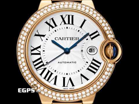 CARTIER 卡地亞 Ballon Bleu 藍氣球 18K黃金材質 2998 精鑲鑽石錶圈 鑲嵌藍色尖晶石錶冠、銀白色放射狀雕紋面盤、劍形藍鋼指針 自動上鍊 42mm