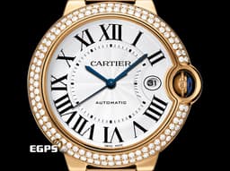 CARTIER 卡地亞 Ballon Bleu 藍氣球 18K黃金材質 2998 <font color=#ff00ff>精鑲鑽石錶圈</font> <font color=#ff0000>鑲嵌藍色尖晶石錶冠、銀白色放射狀雕紋面盤、劍形藍鋼指針</font> 自動上鍊 42mm