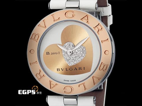 BVLGARI 寶格麗 B.Zero1 不鏽鋼&amp;18K玫瑰金材質 鐫刻BVLGARI字樣玫瑰金錶圈 鑲嵌鑽石雙心圖案面盤 石英機芯 30mm