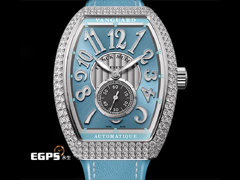 Franck Muller 法蘭穆勒 FM Vanguard Lady Slim Vintage V35 S 水藍色面盤 原廠鑲嵌308顆頂級天然美鑽（約4.44克拉）小秒針 不鏽鋼 2026年保單 新錶訂價：789,000元&nbsp;自動上鍊 35x46.3mm