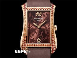 PATEK PHILIPPE 百達翡麗 PP Gondolo Serata 4962/200R 18K玫瑰金材質 <font color="#D2691E">花卉圖案棕色漆面錶盤</font> <font color="#ffa32a">原廠鑲嵌94顆漸層錳鋁榴石（2.02克拉）錶圈</font> <font color="#FF0000">2025年保單 新錶參考訂價：1,351,000元 </font> 石英機芯 28.6 x 40.85 mm