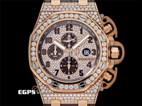 Audemars Piguet 愛彼 AP錶 Royal Oak 皇家橡樹 26215OR.ZZ.A801CR.01 玫瑰金材質 自動上鍊  稀有原廠鑲嵌明亮型切割美鑽，滿天星面盤，鑽石錶殼及鑽帶扣，全錶鑲嵌過600顆鑽石的滿天星鑽錶款！絕對是高貴的象徵！ 此錶歡迎各路錶友以 PP、AP、RM、勞力士 來店交換，本店將以最高價評估～ 48mm