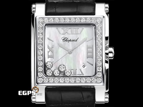 CHOPARD 蕭邦 Happy Sport Square 快樂鑽 方形 28/8448-20 不鏽鋼材質 原鑲鑲嵌44顆鑽石（1.76克拉）錶圈 白色貝母面盤 5顆快樂跑鑽（0.5克拉） 石英機芯 35.5mm