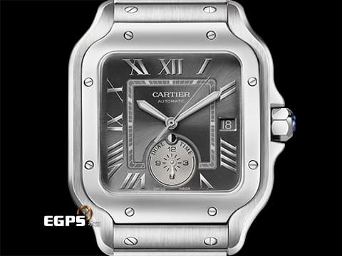 CARTIER 卡地亞 Santos de Cartier 山度士 WSSA0076 大型款 GMT 兩地時區 第二時區晝夜顯示 煤炭灰色陽光射線紋飾霧面錶盤 2025年保卡 快拆鏈結系統  自動上鍊 40.2mm