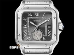 CARTIER 卡地亞 Santos de Cartier 山度士 WSSA0076 大型款 GMT 兩地時區 <font color="#FFFF00">第二時區晝夜顯示 煤炭灰色陽光射線紋飾霧面錶盤</font> <font color="#ff0000">2025年保卡 快拆鏈結系統 </font> 自動上鍊 40.2mm