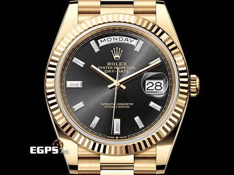 ROLEX 勞力士 Day-Date 228238 黃K金材質 蠔式 DD40 2025年新式保卡 黑冰糖 原鑲梯鑽時標黑色面盤 自動上鍊 40mm