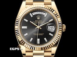 ROLEX 勞力士 Day-Date 228238 黃K金材質 蠔式 DD40 <font color="#FF0000">2025年新式保卡</font> <font color="#ff00ff">黑冰糖 原鑲梯鑽時標黑色面盤</font> 自動上鍊 40mm
