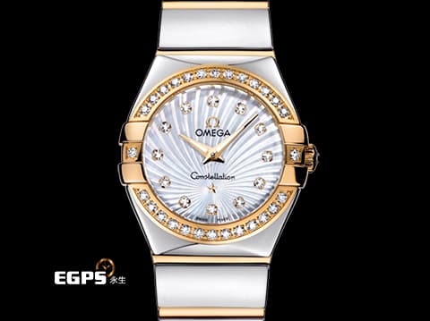 OMEGA 歐米茄 Constellation 星座 系列 123.25.24.60.55.008 18K玫瑰金&amp;不鏽鋼材質 半金款 原廠鑲鑽 鑽石時標 珍珠貝母面盤 石英機芯 24mm