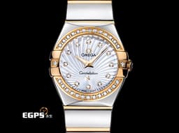 OMEGA 歐米茄 Constellation 星座 系列 123.25.24.60.55.008 18K玫瑰金&不鏽鋼材質 半金款 <font color=#ff00ff>原廠鑲鑽 鑽石時標 珍珠貝母面盤</font> 石英機芯 24mm