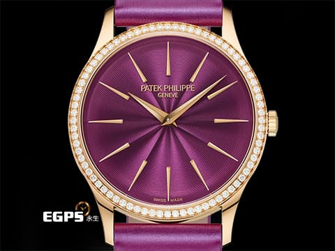 Patek philippe 百達翡麗 PP錶 Ladies Calatrava Joaillerie 系列 4997/200R-001 原廠鑲嵌76顆頂級天然美鑽 紫色漆面同心波紋雕飾面盤&nbsp;4997 玫瑰金材質 超薄 微型自動盤&nbsp;2025年保單 自動上鍊 35mm