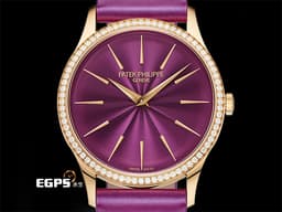 Patek philippe 百達翡麗 PP錶 Ladies Calatrava Joaillerie 系列 4997/200R-001 <font color="#ba36a2">原廠鑲嵌76顆頂級天然美鑽 紫色漆面同心波紋雕飾面盤</font>&nbsp;4997 玫瑰金材質 超薄 微型自動盤&nbsp;<font color="#ff0000">2025年保單</font> 自動上鍊 35mm