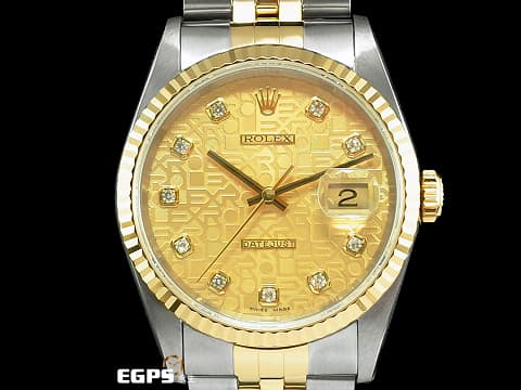 ROLEX 勞力士 蠔式 DATEJUST 16233 經典 蠔式日誌型 18K黃金 金色浮雕紀念面盤 五珠鍊帶款&nbsp;原廠鑽石時標&nbsp;半金 自動腕錶 36mm