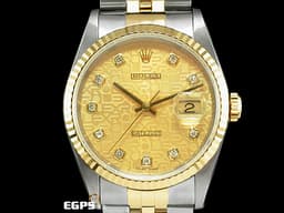 ROLEX 勞力士 蠔式 DATEJUST 16233 經典 蠔式日誌型 <font color="#fafa01">18K黃金 金色浮雕紀念面盤 五珠鍊帶款</font><font color="#FFFF00">&nbsp;</font><font color="#05f0f0">原廠鑽石時標</font><font color="#FFFF00">&nbsp;</font>半金 自動腕錶 36mm