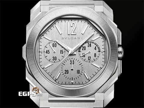 BVLGARI 寶格麗 Octo Finissimo Chronograph GMT 不鏽鋼材質 103661 兩地時間 計時碼錶 銀色垂直髮絲紋面盤 鍍銠時標 超薄 2024年保單 自動上鍊 43mm