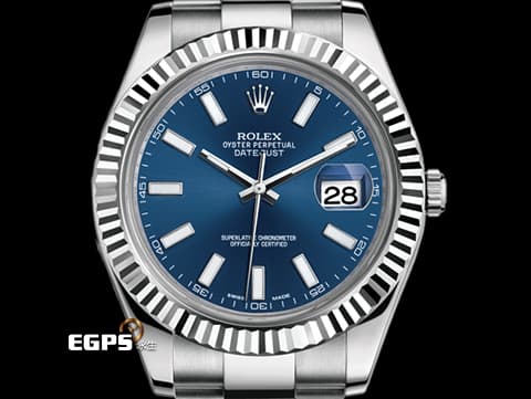 ROLEX 勞力士 Datejust II 經典 蠔式日誌型 116334 藍色面盤 柱狀夜光時標 DJ41 不鏽鋼 18K白金三角坑紋錶圈 自動上鍊 41mm