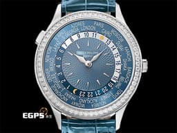 Patek philippe 百達翡麗 PP錶 Complications 複雜功能時計 World Time 世界時區 7130G-016  <font color=#70cce1>原鑲鑽圈 灰藍色中央雕紋面盤</font> 18K白金材質 7130 G <font color=#FF0000>2025年3月保單</font> 自動上鍊 36mm