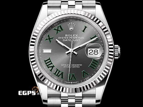 ROLEX 勞力士  Datejust  126234 蠔式 不鏽鋼材質&nbsp;2025年新卡 綠羅馬時標面盤 費德勒款&nbsp;白K金三角坑紋錶圈 紀念型（Jubilee）錶帶 自動上鍊 36mm&nbsp;