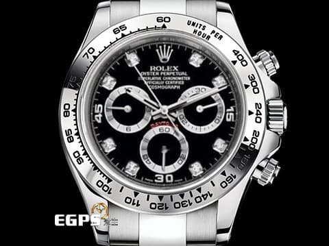 ROLEX 勞力士 Daytona 迪通拿 116509G 18K白金材質 黑色面盤搭配原廠鑲嵌鑽石時標&nbsp;2020年新式綠卡 錶友珍藏未使用品&nbsp;自動上鍊 40mm