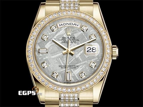ROLEX 勞力士 Day-Date DD 星期日曆型 36 118348mete 18K黃金材質 獨一無二隕石面盤 原廠鑲嵌鑽石錶圈、時標、錶帶&nbsp;已回勞力士原廠保養，延長保固至2027年12月&nbsp;自動上鏈 36mm