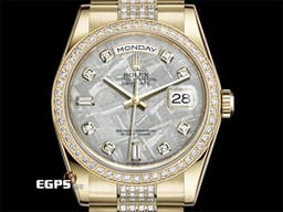 ROLEX 勞力士 Day-Date DD 星期日曆型 36 118348mete 18K黃金材質 <font color="#05f0f0">獨一無二隕石面盤 原廠鑲嵌鑽石錶圈、時標、錶帶</font>&nbsp;<font color="#ff0000">已回勞力士原廠保養，延長保固至2027年12月</font>&nbsp;自動上鏈 36mm