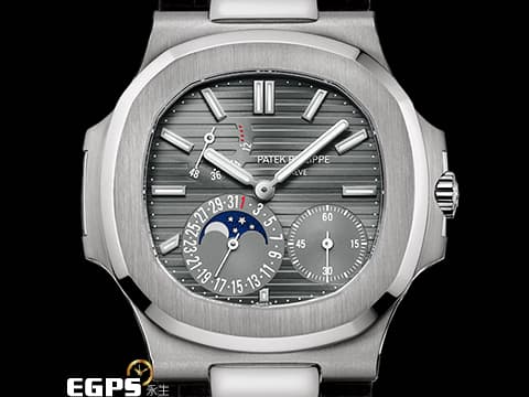 Patek Philippe 百達翡麗 PP錶 Nautilus Moonphase 金鷹 鸚鵡螺 5712G 小秒針 動能顯示 月相盈虧 5712 G 搭配Rubber B黑色橡膠錶帶 18K白金 一代經典 絕版日內瓦印記機芯 自動上鍊 43x38mm
