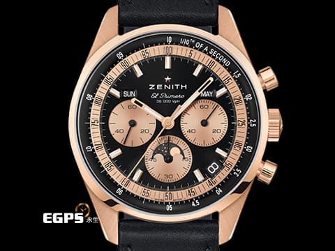 ZENITH 真力時 El Primero 系列 Chronomaster 18.3400.3610&nbsp;18K玫瑰金材質 玫瑰金搭配皮革錶帶 優雅風格計時錶款 月相顯示功能 全日曆 高振頻 1/10秒計時碼表&nbsp;2026年保卡 新錶訂價：924,500元&nbsp;自動上鍊 38mm