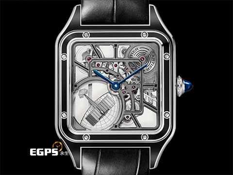 CARTIER 卡地亞 Santos-Dumont 山度士 杜蒙特 WHSA0044 黑色真漆不鏽鋼材質  飛機造型微型擺陀鏤空面盤  藍色凸圓形合成尖晶石錶冠 2026年保卡&nbsp;自動上鍊 31mm