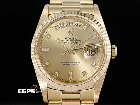 ROLEX 勞力士 Day-Date 36 蠔式 星期日曆型 18238A&nbsp;原廠鑽石時標 皇帝金色面盤 18K黃金材質 DD36 經典三角坑紋錶圈&nbsp;18238 A 元首型（President）錶帶 總統帶 自動上鍊 36mm
