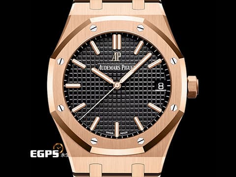Audemars Piguet 愛彼 AP Royal Oak 皇家橡樹 15500OR.OO.1220OR.01 18K玫瑰金材質 鏈帶款 黑色鐫刻Grande Tapisserie大型格紋面盤&nbsp;2020年保卡  自動上鍊 41mm