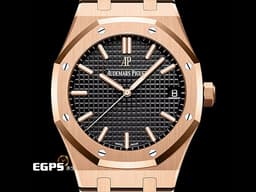 Audemars Piguet 愛彼 AP Royal Oak 皇家橡樹 15500OR.OO.1220OR.01 18K玫瑰金材質 鏈帶款 <font color="#05f0f0">黑色鐫刻Grande Tapisserie大型格紋面盤</font>&nbsp;<font color="#FF0000">2020年保卡 </font> 自動上鍊 41mm