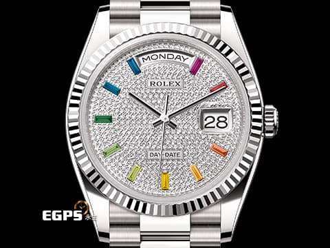 ROLEX 勞力士 Oyster Perpetual Day-Date 36 DD36 128239 18K白金材質  原廠鑲嵌滿天星鑽石面盤  原廠10顆方形切割彩虹漸變色寶石 2021年保卡 自動上鏈 36mm
