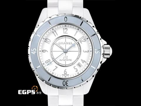 CHANEL 香奈兒 J12 H4341 白色陶瓷材質&nbsp;水藍色錶框 全球限量1200只&nbsp;自動上鏈 38mm