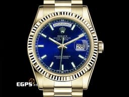 ROLEX 勞力士 Day-Date 36 蠔式 星期日曆型 118238 18K黃金材質 DD36 經典三角坑紋錶圈 <font color="#0582f5">藍色面盤&nbsp;</font><font color="#ff0000">元首型（President）錶帶 總統帶</font> 自動上鍊 36mm