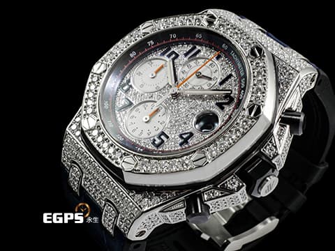 Audemars Piguet AP錶 愛彼錶 Royal Oak Offshore 皇家橡樹離岸型 26470ST.OO.A027CA.01 不鏽鋼材質 海軍 NAVY 精鑲天然滿天星鑽石表面、錶圈、錶殼&nbsp;2016年保單 台灣公司貨   自動上鏈 42mm