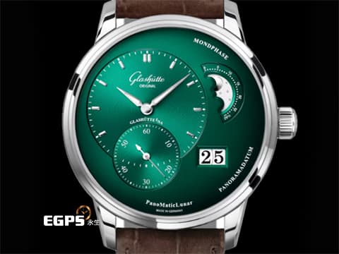 Glashütte Original 格拉蘇蒂 原創 PanoMaticLunar系列 19002133262 經典偏心綠色面盤&nbsp;大日期窗 月相盈虧 不鏽鋼&nbsp;2025年保單&nbsp;德國錶 自動上鍊 40mm