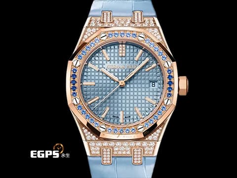 Audemars Piguet 愛彼 AP錶 Royal Oak 皇家橡樹 15551OR.ZS.D344CR.01 原廠鑲滿漸層藍色藍寶石錶圈 水藍色Grande Tapisserie格紋錶盤 原廠鑲嵌鑽石錶殼&nbsp;2025年保卡&nbsp;自動上鍊 37mm