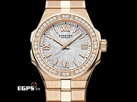 CHOPARD 蕭邦 Alpine Eagle 33 雪山傲翼 阿爾卑斯雄鷹 295384-5001 18K玫瑰金材質 原廠鑲嵌鑽石錶圈&nbsp;銀白色螺旋放射紋面盤 大三針&nbsp;2023年保單 新錶定價：1,600,000元&nbsp;自動上鍊 33mm