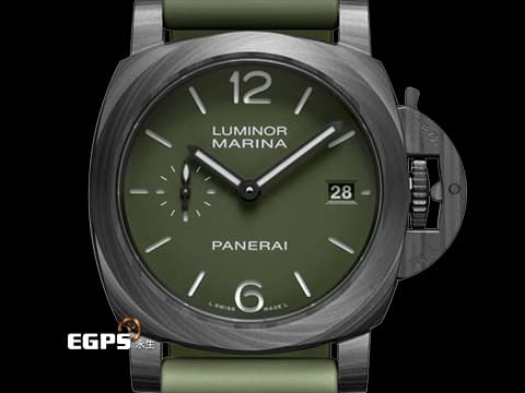 PANERAI 沛納海 Luminor Quarantta Carbotech PAM01526 PAM1526 碳纖維材質 軍綠色面盤 錶帶快拆式功能&nbsp;三日鍊 小秒針&nbsp;2026年保卡 自動上鍊  40mm
