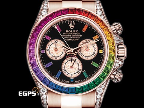 ROLEX 勞力士 DAYTONA 迪通拿 116505 18K玫瑰金材質 鍊帶款 計時碼表 自動上鍊 精鑲漸層彩紅色寶石於錶圈及時標 精鑲鑽石於錶耳及護肩 看不到也買不到的116595 RBOW彩紅寶石圈，現在只以一百多萬便能擁有迷倒眾人的彩虹圈，還不趕快過來賞錶！！自動上鍊&nbsp;40mm