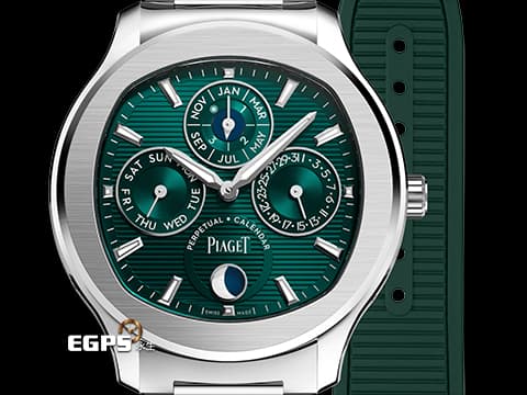 PIAGET 伯爵 Polo Skeleton系列 枕型 G0A48005 不鏽鋼材質 8.65毫米超薄萬年曆 圓模雕刻紋理深祖母綠色錶盤&nbsp;2024年保卡 新式快拆帶系統 附原廠綠色皮革錶帶 新錶訂價：1,970,000元&nbsp;自動上鍊 42mm