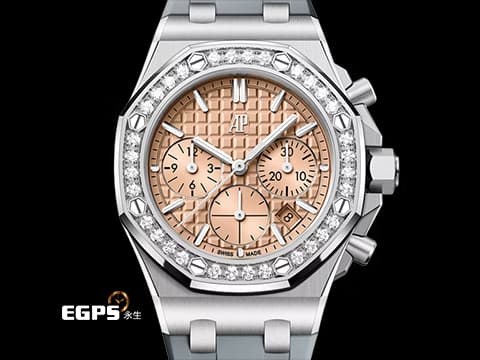 Audemars Piguet AP錶 愛彼 Royal Oak Offshore 皇家橡樹離岸型 26231ST.ZZ.A178CA.01 18K白金材質 鮭魚色熊貓面盤&nbsp;原廠鑲嵌32顆鑽石錶圈（共1.02克拉）2024年保卡 自動上鍊&nbsp;37mm