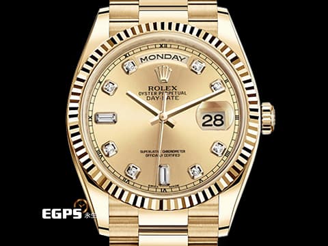 ROLEX 勞力士 Oyster Perpetual DAY-DATE 118238 蠔式 星期日曆型 18K黃金材質 經典紅蟳&nbsp;&nbsp;香檳金色面盤 原廠鑲嵌鑽石時標 配件齊全 保有部分原廠膠膜 未整理一手錶&nbsp;自動上鍊 36mm