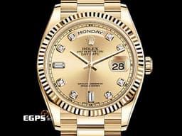 ROLEX 勞力士 Oyster Perpetual DAY-DATE 118238 蠔式 星期日曆型 18K黃金材質 <font color="#ff0000">經典紅蟳</font>&nbsp;&nbsp;<font color="#fafa01">香檳金色面盤 原廠鑲嵌鑽石時標</font><font color="#ff0000"> 配件齊全 保有部分原廠膠膜 未整理一手錶</font>&nbsp;自動上鍊 36mm