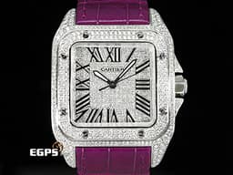 CARTIER 卡地亞 Santos 100 山度士 中型 <font color="#05f0f0">精鑲滿天星鑽石面盤、鑲鑽錶圈</font>&nbsp;<font color="#fa00fa">紫色客製化皮革錶帶</font> 自動上鍊 36mm