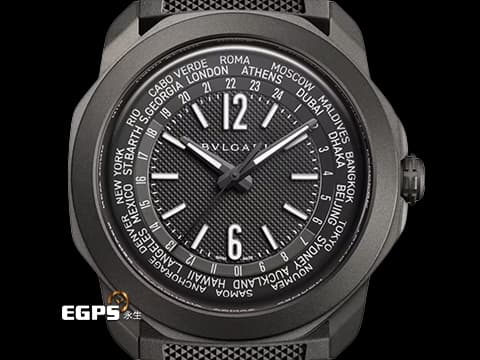 BVLGARI 寶格麗 Bulgari Octo Roma 103764 黑色DLC塗層不鏽鋼材質&nbsp;霧面黑色巴黎釘紋錶盤 世界時區、24 時區顯示與 24 小時顯示功能&nbsp; 2026年保卡 快拆錶帶&nbsp;自動上鍊 41mm