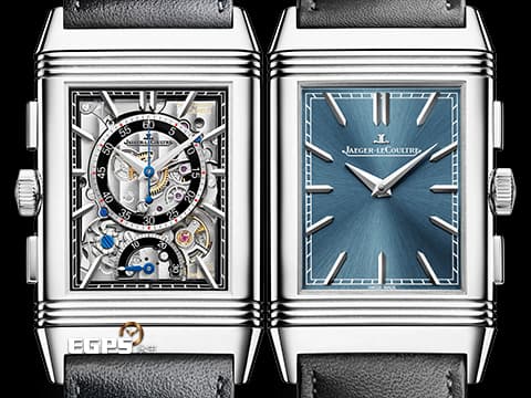 Jaeger Le-Coultre 積家 JLC Reverso Classic 翻轉系列 Q389848J 不鏽鋼材質&nbsp;簡約大方的藍色太陽放射狀扭索飾紋錶盤&amp;逆跳計時機械結構鏤空錶盤 兩種風格隨意翻轉切換&nbsp;2025年保卡&nbsp;手動上鏈 49.4 x 29.9mm