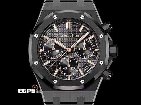 Audemars Piguet 愛彼 AP錶 Royal Oak Chronograph 皇家橡樹 26240CE.OO.1225CE.02 黑色陶瓷材質 黑色錶面鐫刻「Grande Tapisserie」大型格紋面盤 玫瑰金色調指針、時標&nbsp;飛返計時腕錶&nbsp;2026年保卡&nbsp;自動上鍊&nbsp;41mm